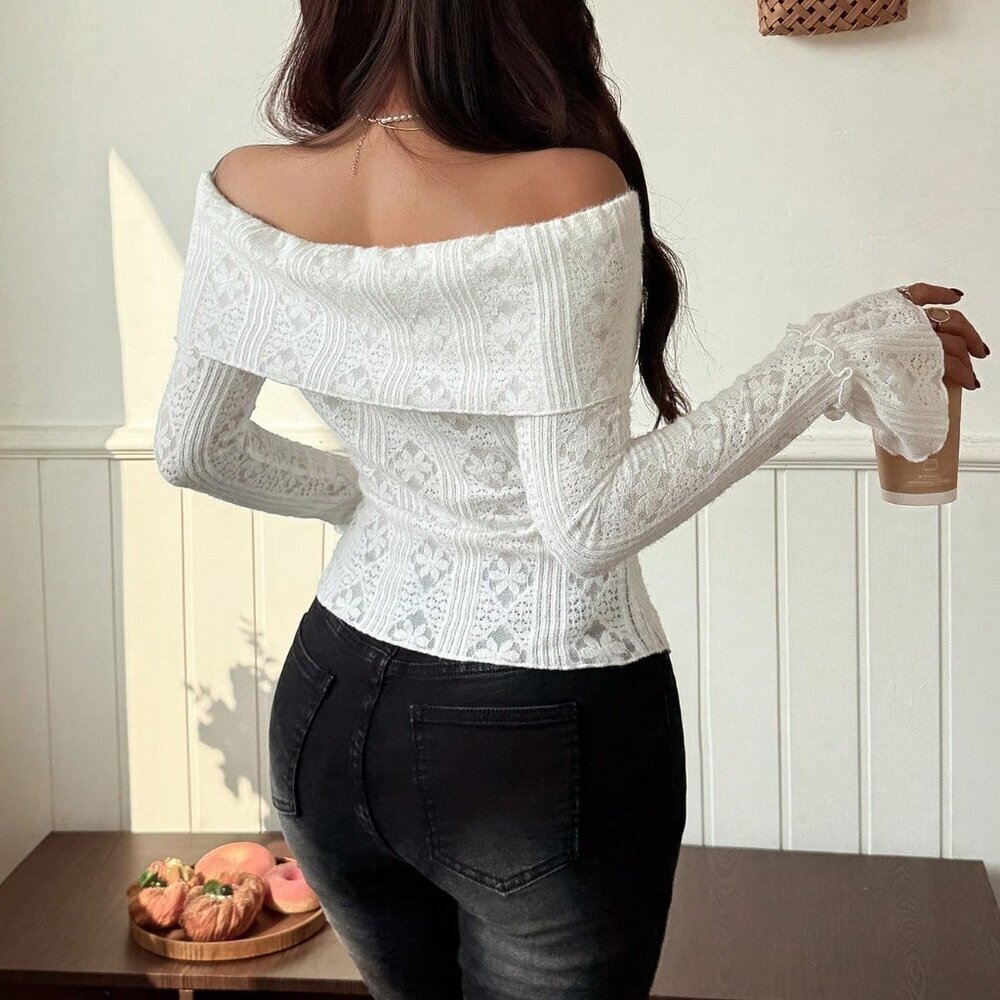 White Casual Women's Long Sleeve Semi-Sheer T-Shirt with Ruffle Cuffs - Picture 2 of 7